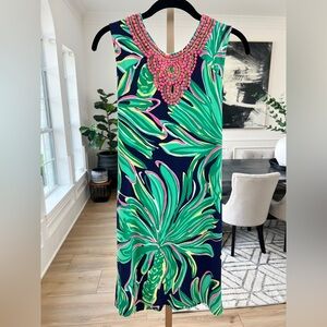 Lilly Pulitzer Bristol Beaded Dress Tiger Palm Print Beaded Shift XS
